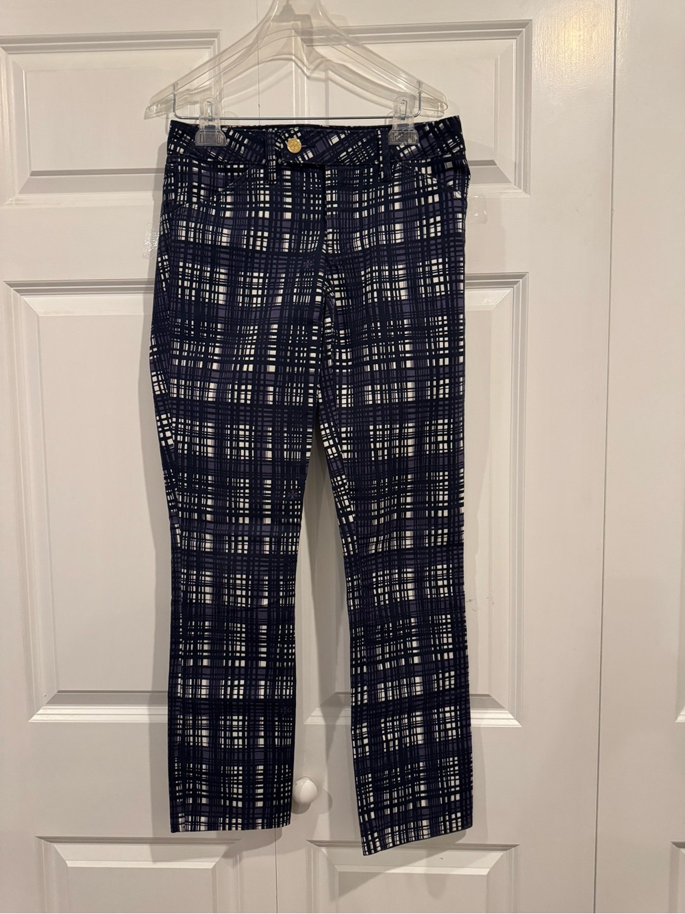 Tory Burch Conner Tab Front Skinny Pants Size 25 Navy Plaid - Picture 8 of 12
